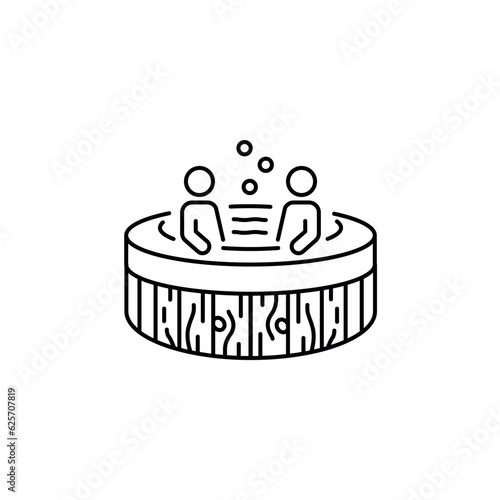 Two people relax in a jacuzzi line icon. Wooden jacuzzi spa with bubble icon. Vector illustration