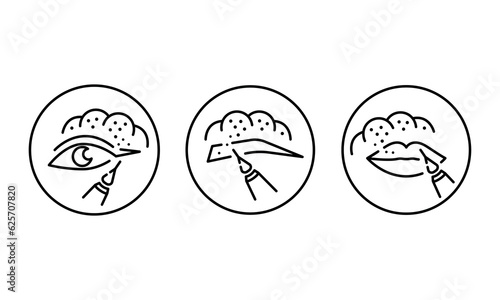 Permanent makeup line icons set. Powder brows and lips icon. Microblading , tattoo machine , tattoo ombre icon. Vector illustration