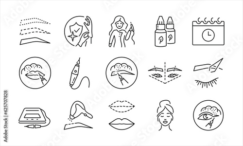 Permanent makeup line icons set. Powder brows icon. Microblading , tattoo machine , tattoo artist icon. Vector illustration