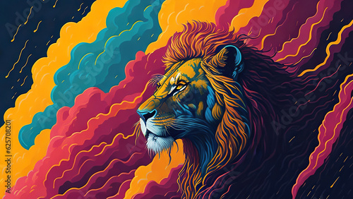 colourful painting of a Lion, clouds in background | AI Generated