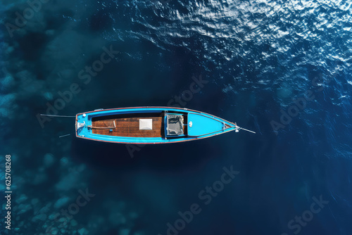 An overhead view of the sea blue with a small two-seater boat in sunny day. Creative nautical wallpaper. Minimalist style. Clear blue water with little waves. © SnowElf