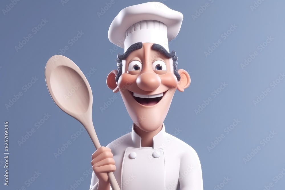 Man chef cook wearing in apron and hat holding big spoon and smiling to the camera, cartoon style. Isolated. Man chef cook wearing in apron and hat holding big spoon and smiling to the camera, cartoon style. Isolated.