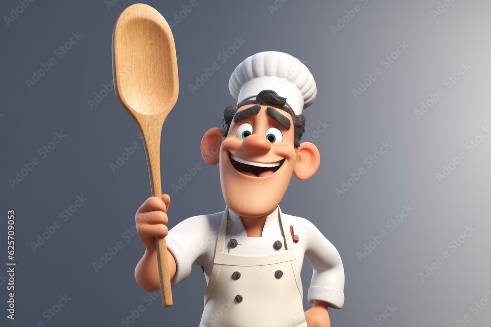 Man chef cook wearing in apron and hat holding big spoon and smiling to the camera, cartoon style. Isolated. Man chef cook wearing in apron and hat holding big spoon and smiling to the camera, cartoon style. Isolated.