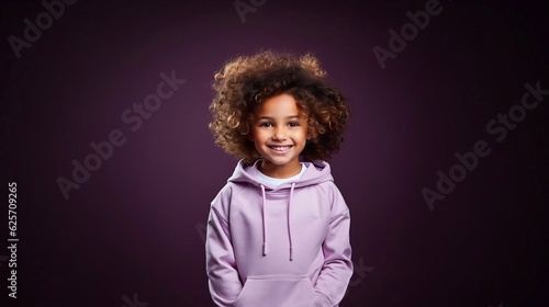 Happy baby wearing purple sweatshirt mockup, at dark  background. Print presentation mock-up. AI generation