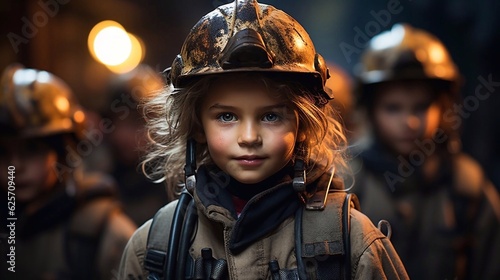 Girl firefighters wearing in form and helm on dark background. Labor day concept. AI generated