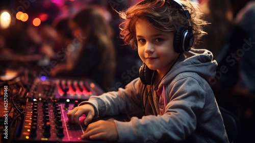 Fotografie, Tablou Disc jockey boy wearing in cool clothes with headphones,  mixing tracks on a mixer