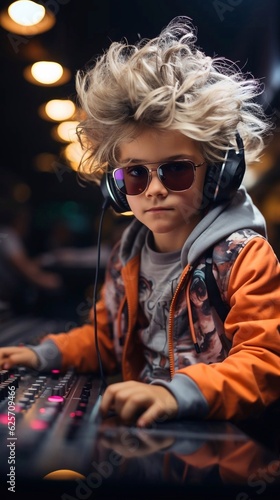 Disc jockey boy wearing in cool clothes with headphones,  mixing tracks on a mixer. AI generated