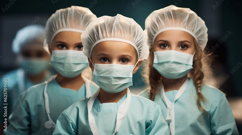 Portrait of Kids wearing a doctor uniform - surgical suit, with protection face mask and hat. Generative ai Portrait of Kids wearing a doctor uniform - surgical suit, with protection face mask and hat. Generative ai