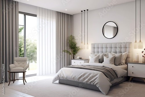 On a white wall background  a double bed  a soft gray carpet  a lamp on the floor  accessories  and a window with curtains can be seen. Scandinavian style  a minimalist bedroom  and real estate