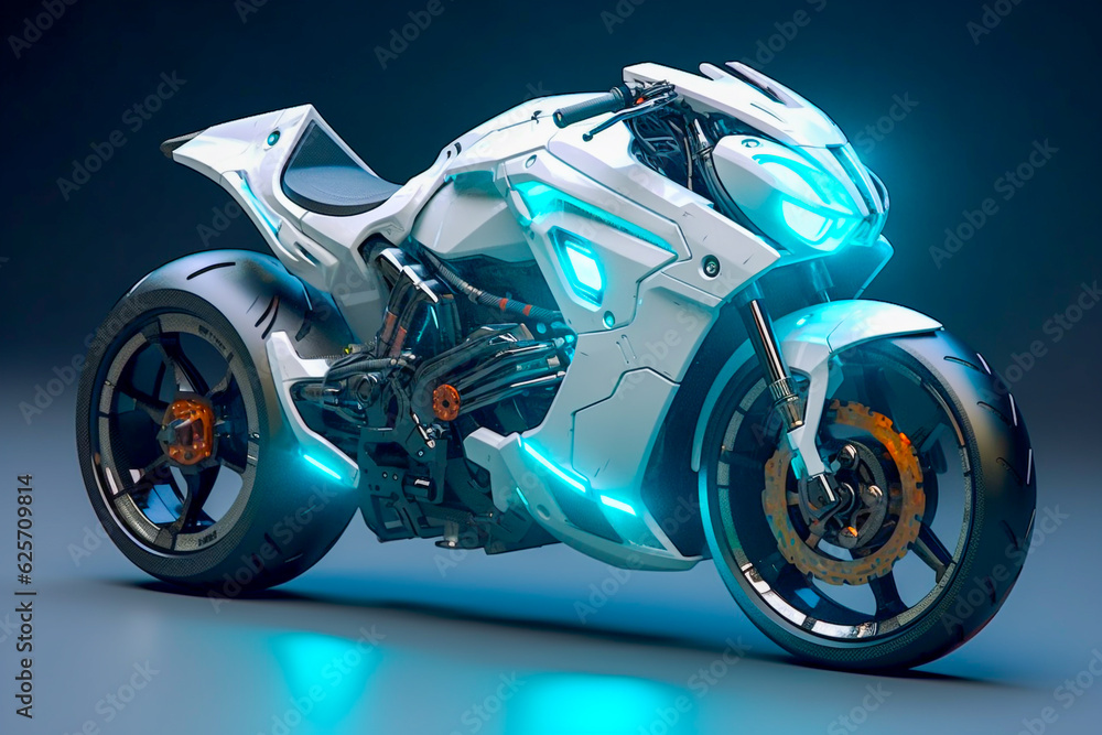 Realistic cyberpunk motorbike in dark mood. Big vehicle bike with cool futuristic design, vivid color scheme. Fictional model. Made with Generative AI