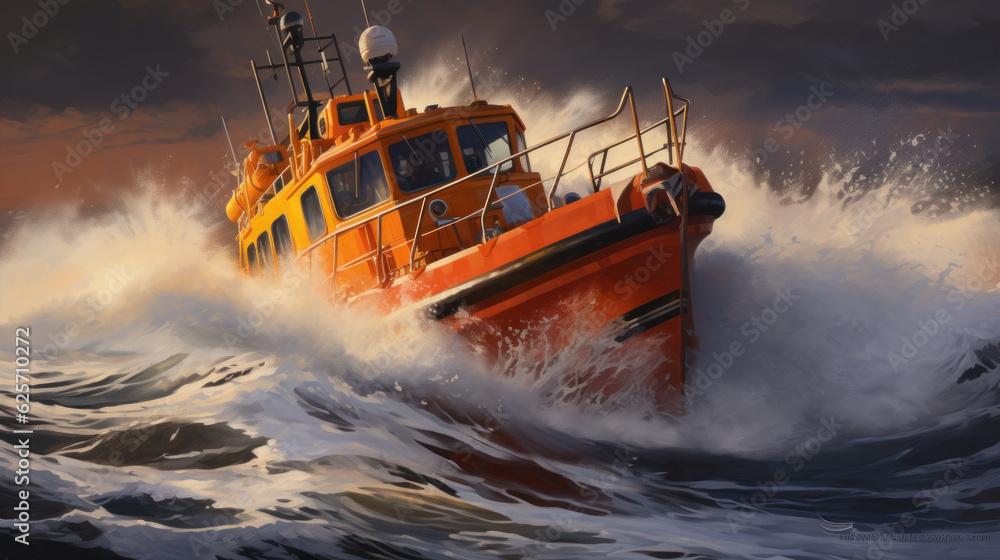 Orange rescue or coast guard patrol boat industrial vessel in blue sea ocean water. Rescue operation in stormy sea - obrazy, fototapety, plakaty 