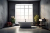 Bathroom interior in a deep gray color with a concrete floor, lots of windows, a round tub next to a white wall, and a table with personal care items. simulated toned image