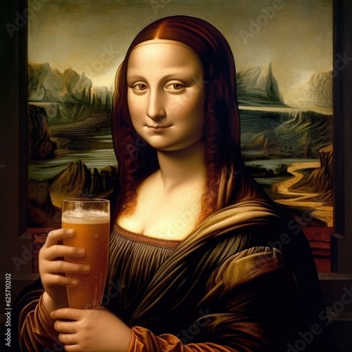 Mona Lisa's Fun Adventure: Caricature with Beer and Laughter, mona lisa bebendo cerveja, generative ai photo