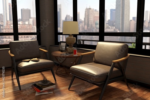 Interior of a contemporary brick living room with furniture, an empty frame, and city views. an angle. a mockup