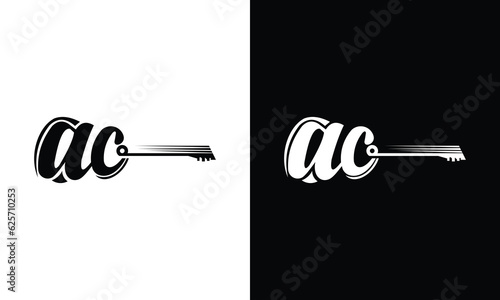 guitar and AC letter logo design inspiration on a black and white background.