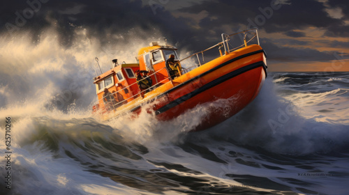 Orange rescue or coast guard patrol boat industrial vessel in blue sea ocean water. Rescue operation in stormy sea