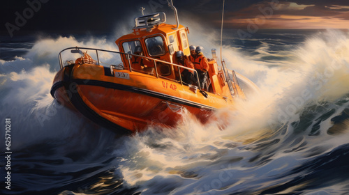 Fotografie, Obraz Orange rescue or coast guard patrol boat industrial vessel in blue sea ocean water