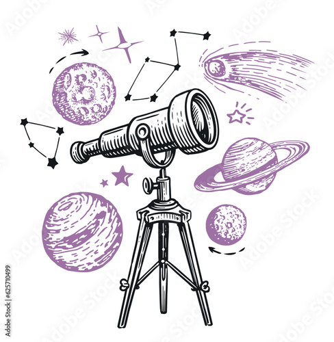 Telescope watching at the stars and planets. Astronomy, space exploration concept. Sketch vector illustration