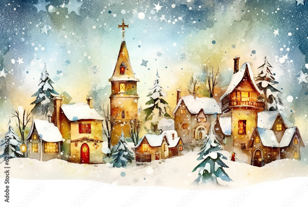 Vintage Christmas New Years greeting card banner with winter scene in countryside. Watercolor illustration. Houses rooftops covered with snow fir trees. Calm magical mood