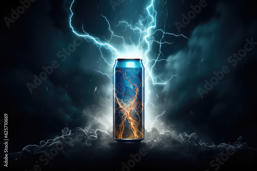 Creative concept banner to advertise an energy drink in an aluminum can. Energy drink with lightning and flashes, symbols of energy. 3d render illustration style.