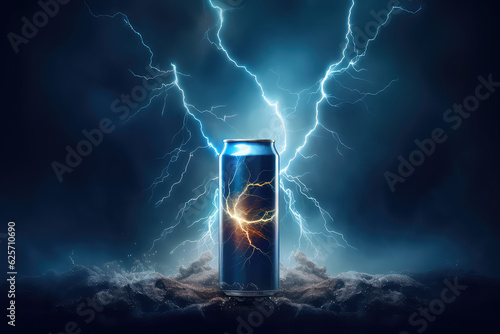 Creative concept banner to advertise an energy drink in an aluminum can. Energy drink with lightning and flashes, symbols of energy. 3d render illustration style.