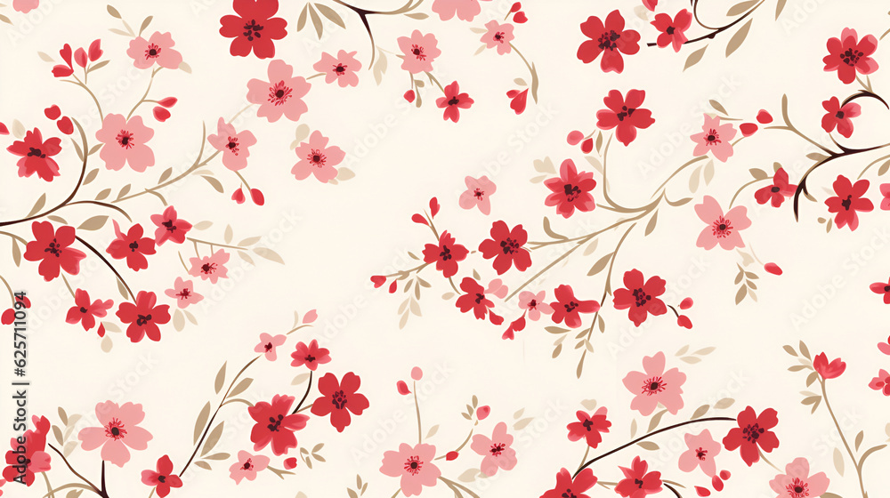 Vintage floral background. Seamless  pattern for design and fashion prints. Floral pattern with small pink and red flowers on a light background. AI generation