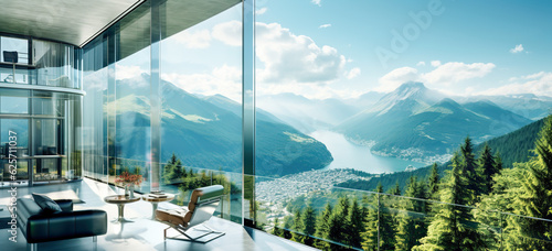 Modern luxury villa in minimalist style. Glass house in the mountains. Beautiful mountain views from modern villa. Luxury glamping. digital 