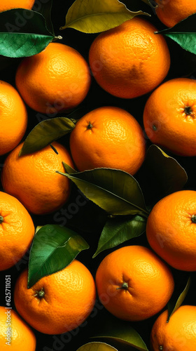 fresh orange fruits with leaves as background, top view. Ai generated.