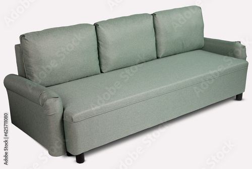 Side view of three seats cozy modern designed sofa with olive color fabric on wooden black legs isolated on white background