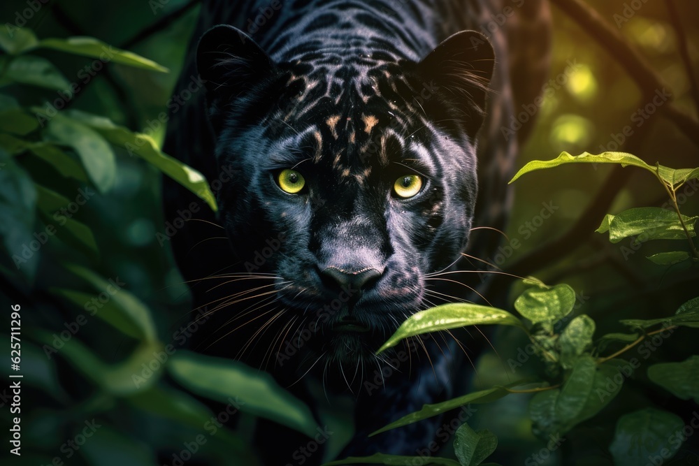 The Powerful Black Jaguar in the tropical Forest.