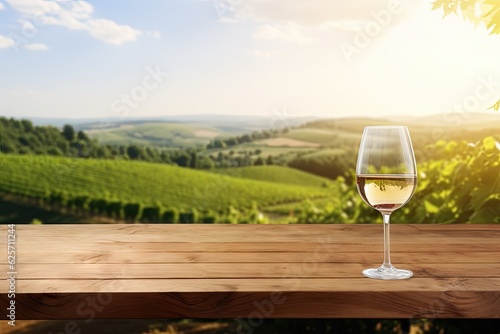 Empty wood table top with a glass of wine on blurred vineyard landscape background  for display or montage your products.