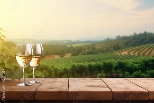 Empty wood table top with a glass of wine on blurred vineyard landscape background, for display or montage your products.
