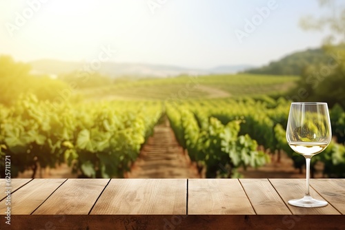 Empty wood table top with a glass of wine on blurred vineyard landscape background, for display or montage your products.