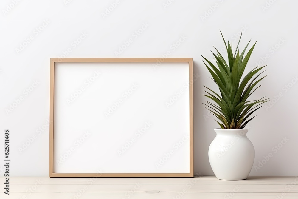 Empty frame mockup in modern minimalist interior with plant in trendy vase on white wall background. Empty frame mockup in modern minimalist interior with plant in trendy vase on white wall background.