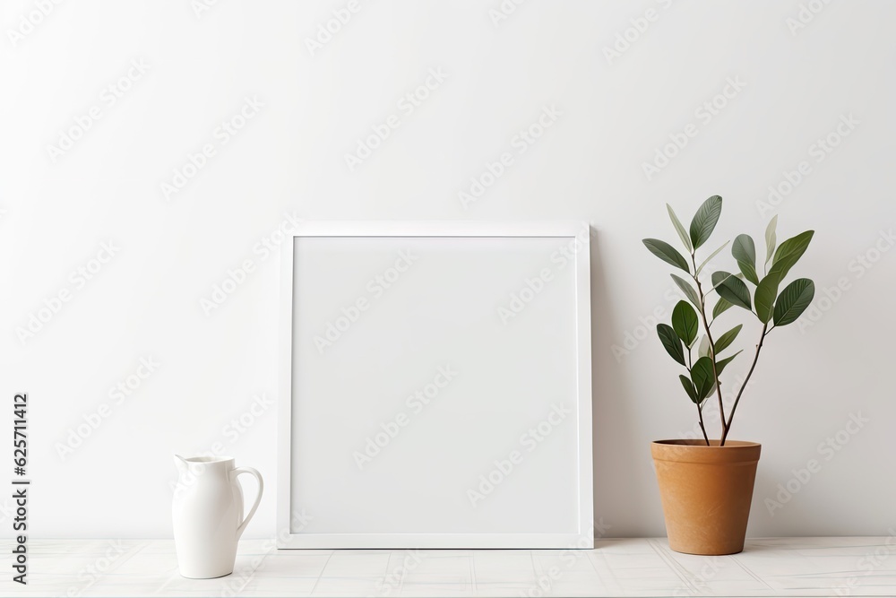 Empty frame mockup in modern minimalist interior with plant in trendy vase on white wall background.