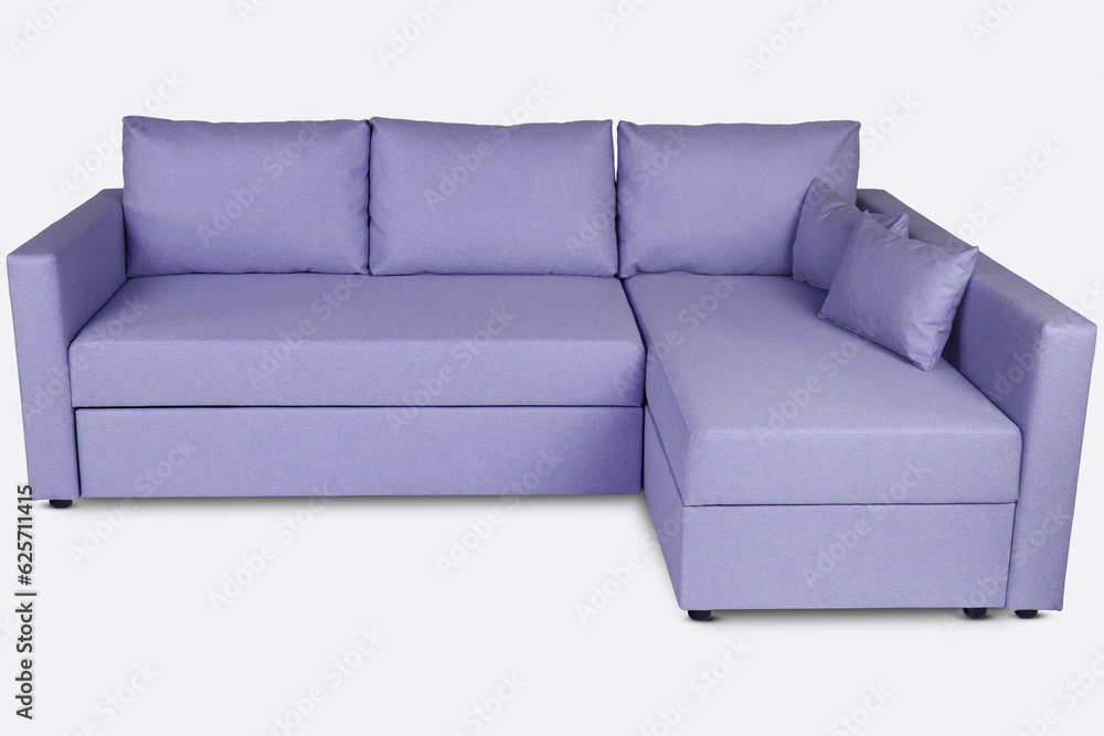 light purple fabric angular sofa on dark wooden legs isolated on white background. Series of furniture light purple fabric angular sofa on dark wooden legs isolated on white background. Series of furniture
