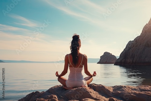 Young woman practicing yoga by the sea. Harmony, meditation, healthy lifestyle and travel concept.