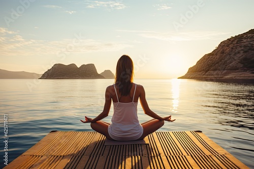 Young woman practicing yoga by the sea. Harmony, meditation, healthy lifestyle and travel concept.