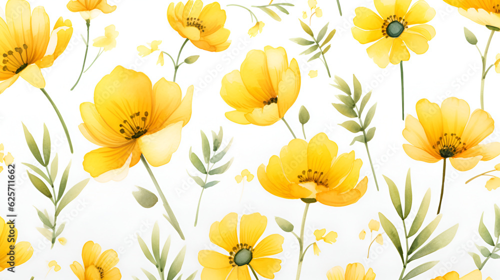 Yellow flowers on a white background. Seamless pattern. Watercolor. Generation AI