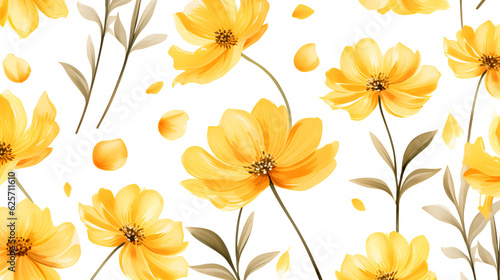 Yellow flowers on a white background. Seamless pattern. Watercolor. Generation AI