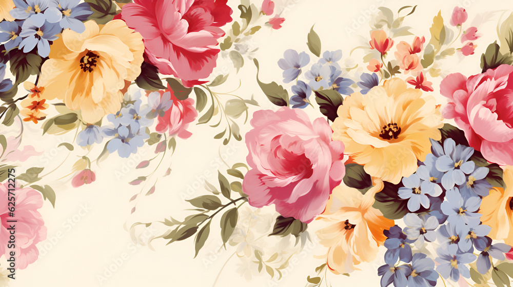 Seamless design. A colorful abstract bouquet of flowers on a cream background. AI generation