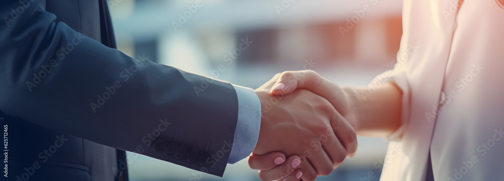 Businesswoman and businessman shaking hands in the city - Generative AI