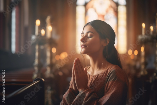 Generative AI illustration of young female praying with clasped hands and closed eyes while sitting on wooden chair in church
