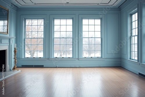Large windows and a bright  empty  light blue room. Wall d   cor and a fireplace.