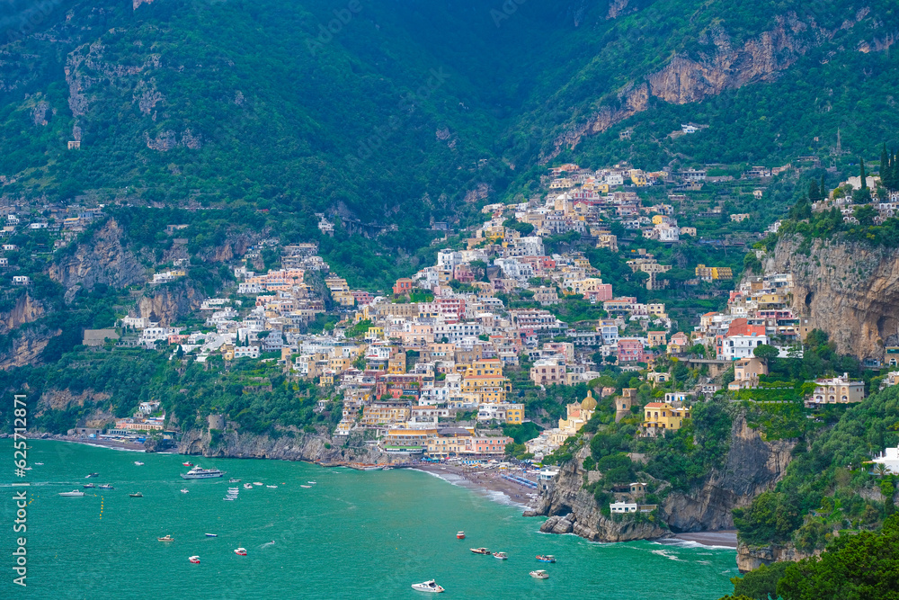 Panoramic view of Positano, Italy along the Amalfi Coast.