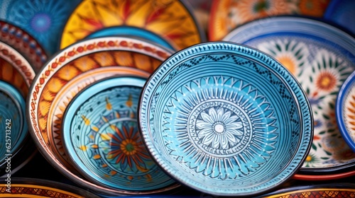 Ceramic Plates with a Copy Space. Ceramic Plates. Ceramic Tableware. Beautiful Colorful and Traditional Dish Plates  Morocco in Africa. Made With Generative AI.