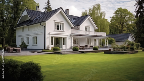 Exterior of a suburban home with blue siding, a white front porch, and white shutters.