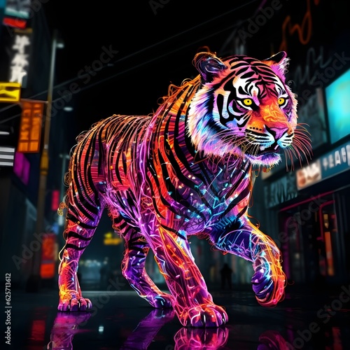 Neon Urban Jungle: Tiger Roaming Downtown