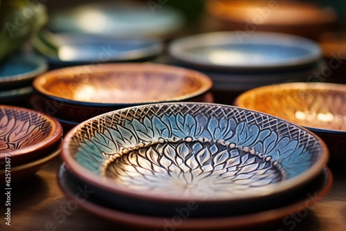 Ceramic Plates with a Copy Space. Ceramic Plates. Ceramic Tableware. Beautiful Colorful and Traditional Dish Plates, Morocco in Africa. Made With Generative AI.