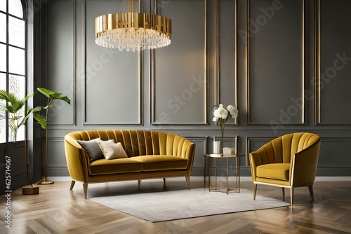 Fototapeta Luxury premium living room with two yellow mustard armchairs and a golden brass table